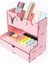 Ahşap Masaüstü Kalemlik ve Organizer Pembe 23x25x15 cm Geyik Desenli Çekmeceli Model 2