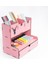 Ahşap Masaüstü Kalemlik ve Organizer Pembe 23x25x15 cm Geyik Desenli Çekmeceli Model 4