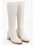 Kadın Hakiki Deri Şık Topuklu Çizme - Krem 4