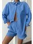 Poplin Çizgili Gömlek - Şort Takım - Mavi 2