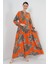 Kadın BDART Düğmeli V Yaka Desenli Maxi Elbise Orange 6