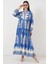 Kadın BDART Düğmeli V Yaka Desenli Maxi Elbise Fas Mavisi 1