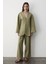 Kadın V Yaka Gizli Düğmeli Üst & Lastikli Pantolon Keten Alt & Üst Takım 3