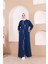 Taş Detaylı Fermuarlı Cepli Uzun Ferace - (38-46) - 71181 - Indigo 1