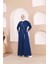 Taş Detaylı Fermuarlı Cepli Uzun Ferace - (38-46) - 71181 - Indigo 2