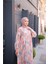 O Yaka Çiçek Desenli Büzgülü Uzun Elbise - (38-46) - 71290 - Pembe 4