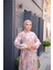 O Yaka Çiçek Desenli Büzgülü Uzun Elbise - (38-46) - 71290 - Pembe 5