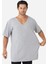 Erkek Gri V Yaka Kısa Kollu Büyük Beden Basic Tişört %100 Pamuklu Penye 1