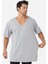 Erkek Gri V Yaka Kısa Kollu Büyük Beden Basic Tişört %100 Pamuklu Penye 2