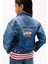 Kız Çocuk Sırtı Nakış Işlemeli Denim Ceket - Mavi 4