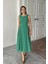 Yeşil Yanları Büzgülü Midi Boy Keten Elbise 4