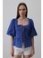 Kare Yaka Balon Kol Bluz - Mavi 1