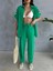 Omuz Midye Sıralı Bluz - Paça Pensli Pantolon Takım - Yeşil 2