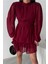 Şifon Katlı Uzun Kol Elbise - Bordo 1