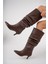 Uzun Kadın Deri Çizme - Kadın Kahverengi Büzgülü Diz Altı Çizme – Ince Topuklu Şık Kışlık Bot 1