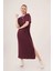 Yırtmaç Detaylı Kısa Kollu Salaş Maxi Bordo Elbise 1