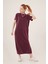 Yırtmaç Detaylı Kısa Kollu Salaş Maxi Bordo Elbise 4