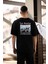 Unisex Bisiklet Yaka Baskılı Oversize T-Shirt - Siyah 3