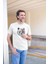 Erkek Bisiklet Yaka Baskılı Oversize T-Shirt - Beyaz 1