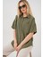 Kadın BDART Cepli, Salaş Fit Keten Karışım Butonlu Gömlek Haki Yeşil 3