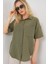 Kadın BDART Cepli, Salaş Fit Keten Karışım Butonlu Gömlek Haki Yeşil 4