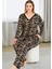 Leopar Desenli Yumuşacık Pijama Uzun Kollu Üst Düğmeli Büyük Beden Viskon Kumaş Pijama Takımı 11372 2