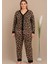 Siyah Renkli ve Leopar Desenli 11425 Kadın Uzun Kol Önden Düğmeli Büyük Beden Anne Pijama Takımı 1