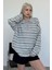 Gri Polo Yaka Çizgili Kadın Triko Kazak MG2469 2