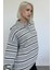 Gri Polo Yaka Çizgili Kadın Triko Kazak MG2469 3