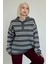 Antrasit Polo Yaka Çizgili Kadın Triko Kazak MG2469 2