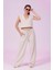 Kadın Krem Natural Flamlı Şort Pantolon Bluz 3lü Takım MSC267 4