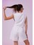 Kadın Beyaz Natural Flamlı Şort Pantolon Bluz 3lü Takım MSC267 3