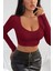 Kadın Bordo Uzun Kol Crop Top Bluz Kare Yaka 2