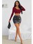 Kadın Bordo Uzun Kol Crop Top Bluz Kare Yaka 5