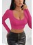Kadın Fuşya Uzun Kol Crop Top Bluz Kare Yaka 1