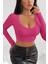Kadın Fuşya Uzun Kol Crop Top Bluz Kare Yaka 2