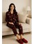 Kadın 6450 Önden Düğemli Süet Uzun Kol Pijama Takımı Lacivert-Kırmızı 1