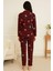 Kadın 6450 Önden Düğemli Süet Uzun Kol Pijama Takımı Lacivert-Kırmızı 3