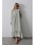 Çizgili Oversize V Yaka Elbise - Haki 1