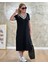 Kadın Kısa Kollu V Yaka Kol ve Yaka Ribana Detay Midi Boy Viskon Elbise 7