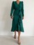 Kadın Yeşil Krep Kumaş Midi Boy Kuşaklı Uzunkol Elbise 6