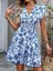 Kadın Kısa Fırfır Kollu Kruvaze Yaka Çiçekli Atlas Elbise 2
