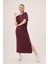 Yırtmaç Detaylı Kısa Kollu Salaş Maxi Bordo Elbise 1