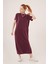 Yırtmaç Detaylı Kısa Kollu Salaş Maxi Bordo Elbise 4