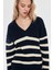 V Yaka Çizgili Triko Kazak Lacivert-Ekru 4