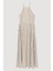 Halter Yaka Keten Sırtı Bağlamalı Çizgili Uzun Elbise Naturel 2