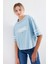 Kadın BDART Oversize Yuvarlak Yaka Kısa Tişört, Motto Baskılı Blue 5