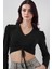 Kadın BDART Drapeli V Yaka Dikişli Crop Top Siyah 3