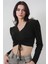 Kadın BDART Drapeli V Yaka Dikişli Crop Top Siyah 4