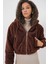 Kadın BDART Sahte Kürk Leopar Desenli Kapşonlu Crop Hoodie Kahverengi 1